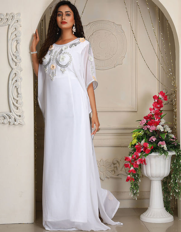 Trendy White Georgette Stones Embroidery Farasha