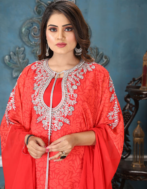 Dubai Red Georgette Stones Embroidery Farasha