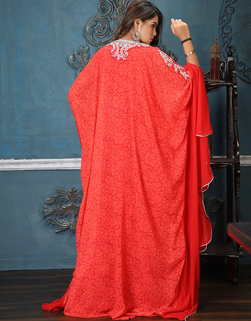 Dubai Red Georgette Stones Embroidery Farasha