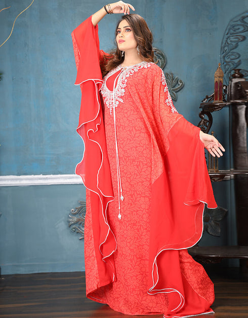 Dubai Red Georgette Stones Embroidery Farasha