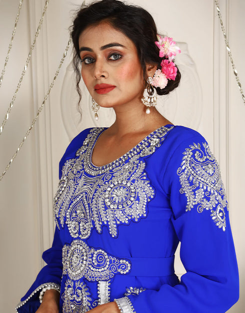 Muslim Blue Georgette Stone Embroidery Moroccan