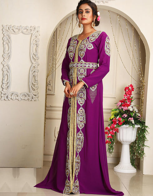 Modest Purple Georgette Stone Embroidery Moroccan