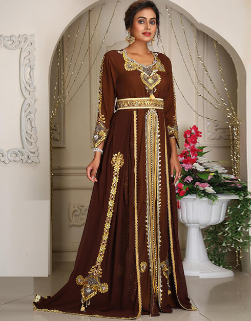 Islamic Brown Georgette Stone Embroidery Moroccan