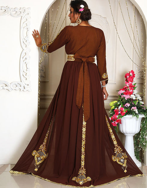 Islamic Brown Georgette Stone Embroidery Moroccan