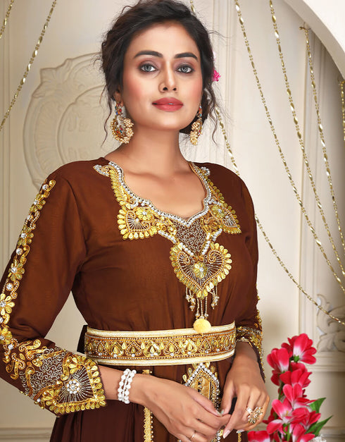 Islamic Brown Georgette Stone Embroidery Moroccan