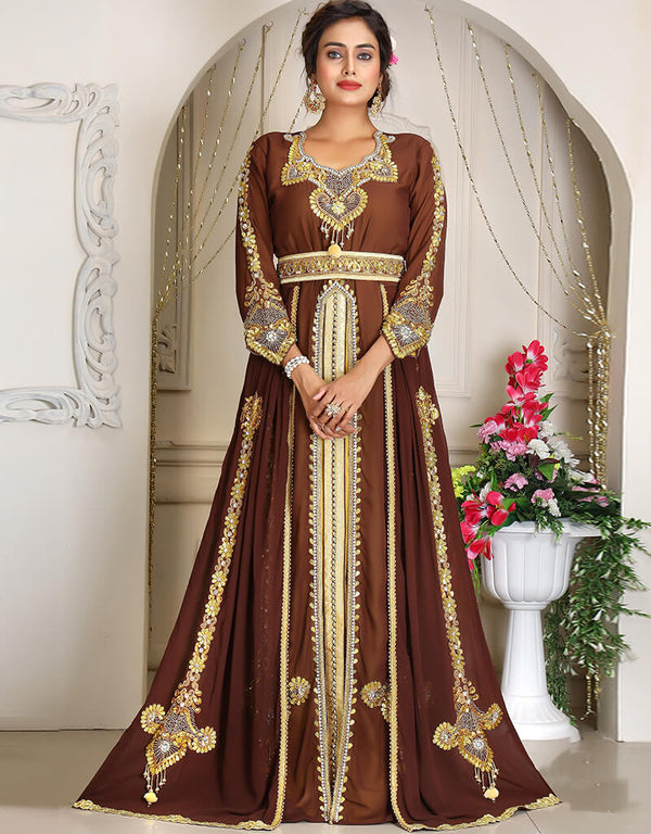 Islamic Brown Georgette Stone Embroidery Moroccan