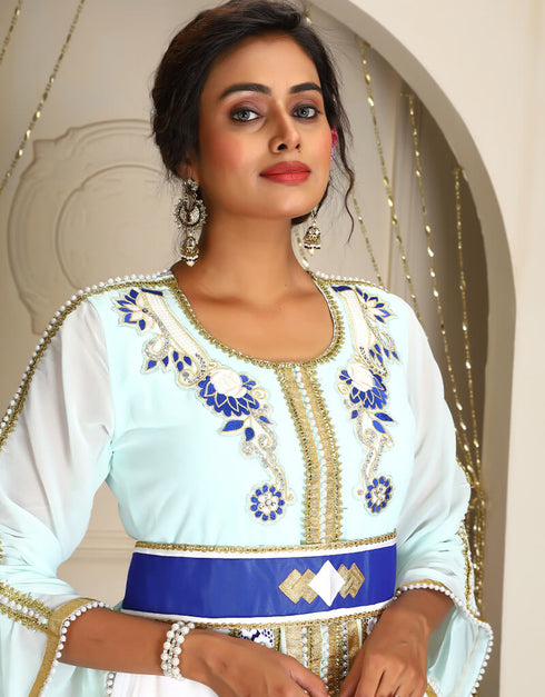 Women MintGreen Georgette Stone Embroidery Moroccan