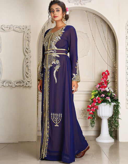Muslimah Dark Blue Georgette Stone Embroidery Moroccan