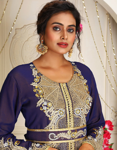 Muslimah Dark Blue Georgette Stone Embroidery Moroccan