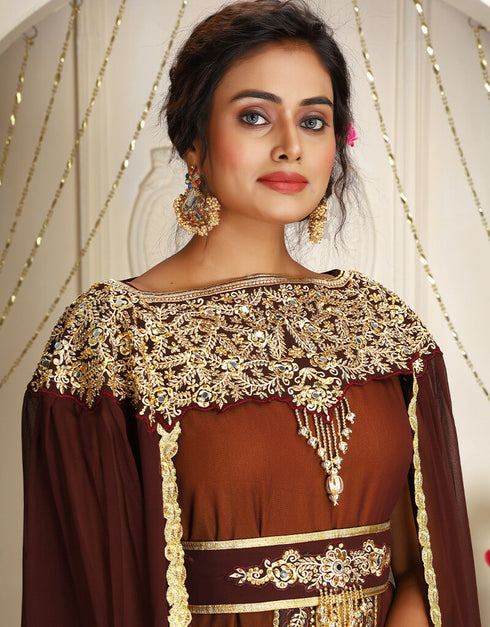 Chic Brown Georgette Stone Embroidery Moroccan