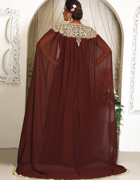 Chic Brown Georgette Stone Embroidery Moroccan