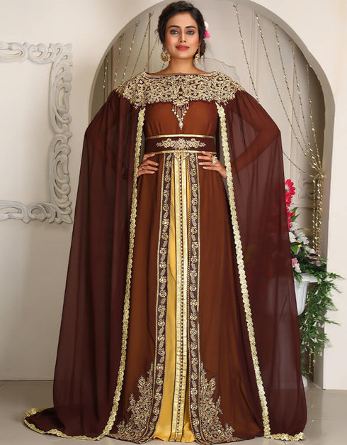 Chic Brown Georgette Stone Embroidery Moroccan