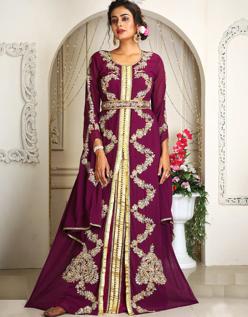 Trendy Violet Georgette Stone Embroidery Moroccan