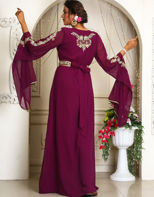Trendy Violet Georgette Stone Embroidery Moroccan