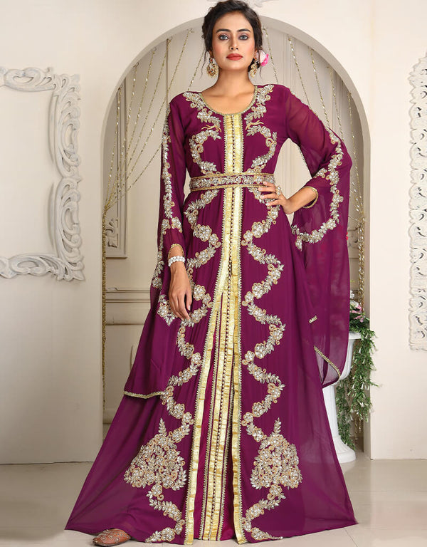 Trendy Violet Georgette Stone Embroidery Moroccan