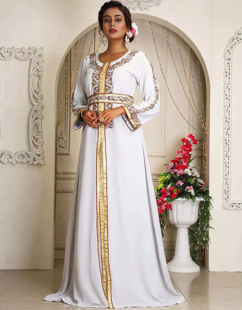 Chic Brown Georgette Stone Embroidery Moroccan