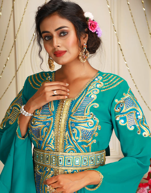 Dubai SeaGreen Georgette Stone Embroidery Moroccan