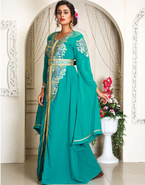 Dubai SeaGreen Georgette Stone Embroidery Moroccan