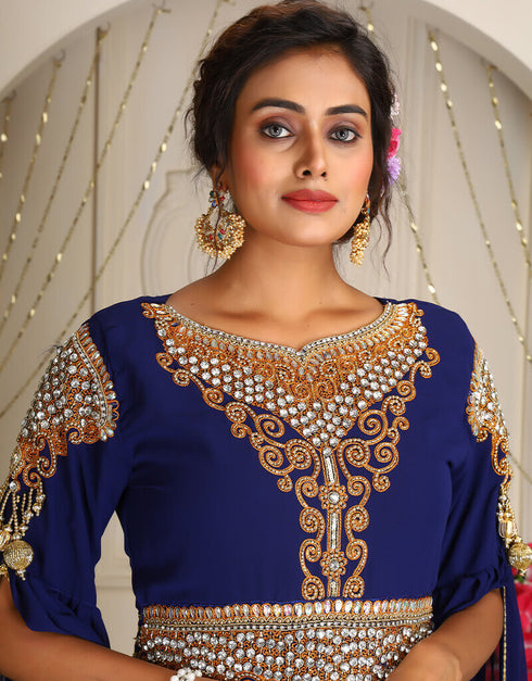 Muslim Dark Blue Georgette Stone Embroidery Moroccan