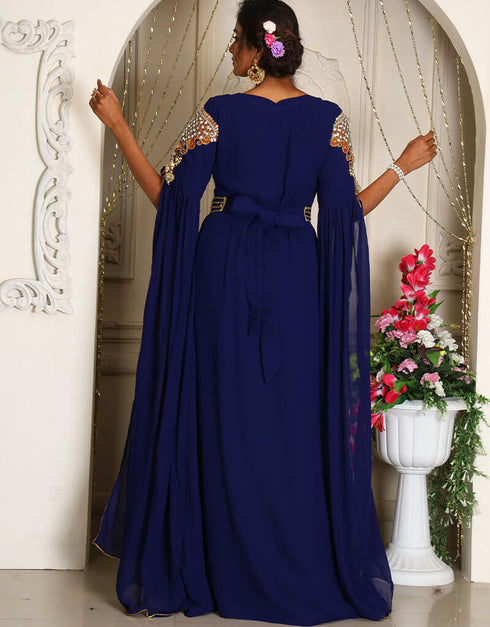 Muslim Dark Blue Georgette Stone Embroidery Moroccan