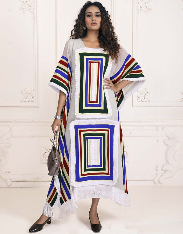 Women White Color Multi Printed Farasha Kaftan