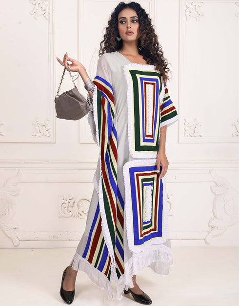Women White Color Multi Printed Farasha Kaftan