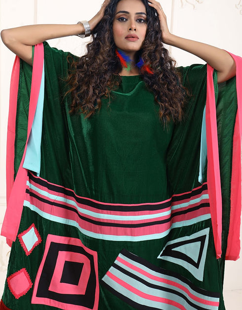 Muslimah Gable Green Color Multi Color Kaftan