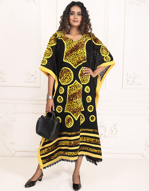 Modest Onyx Black Color Brasso Hippie Style Kaftan