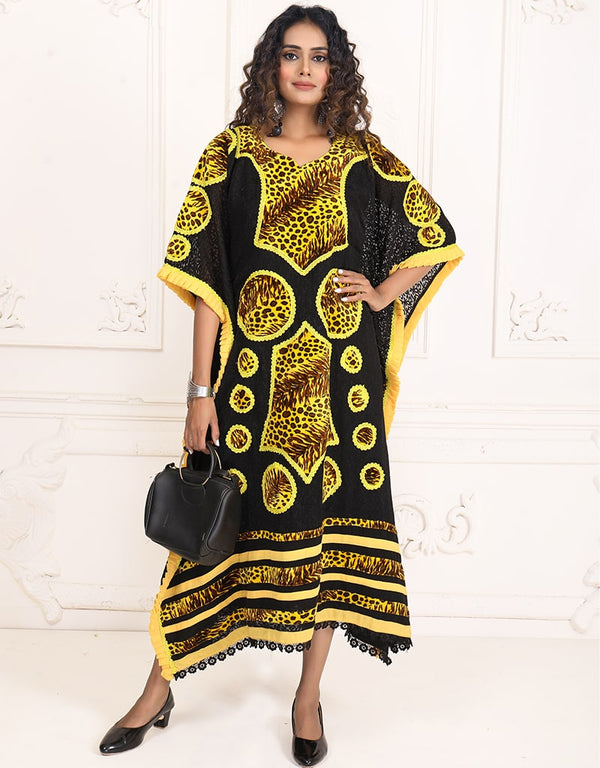Modest Onyx Black Color Brasso Hippie Style Kaftan