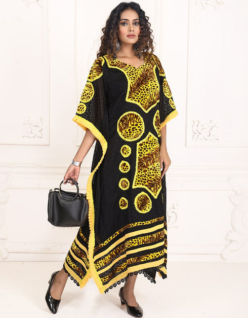 Modest Onyx Black Color Brasso Hippie Style Kaftan