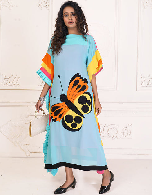 Modern Blue Angle Color Digital Printed Free Size Kaftan