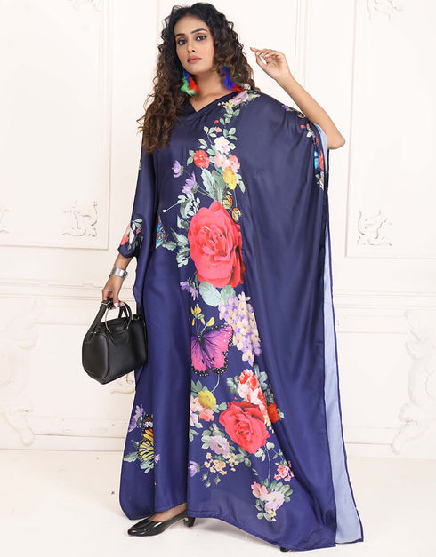 Dubai Purple Haze Color Flower Print Rayon Kaftan