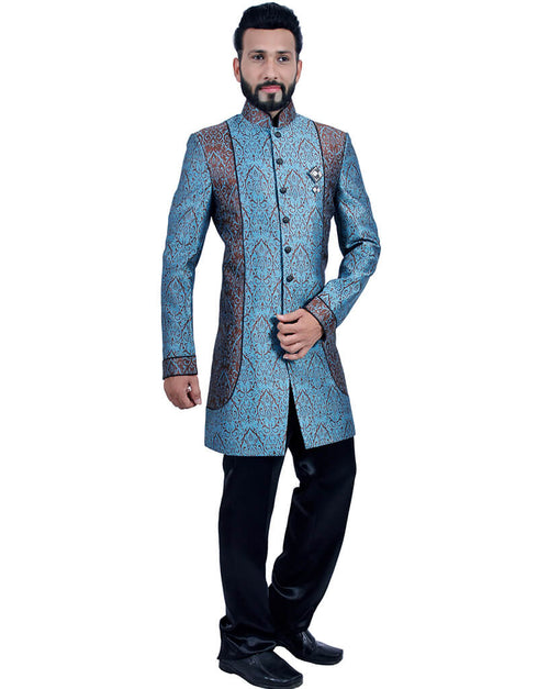 Dark Blue With Coffee Indo western Dohara Brocade Pant Closure View