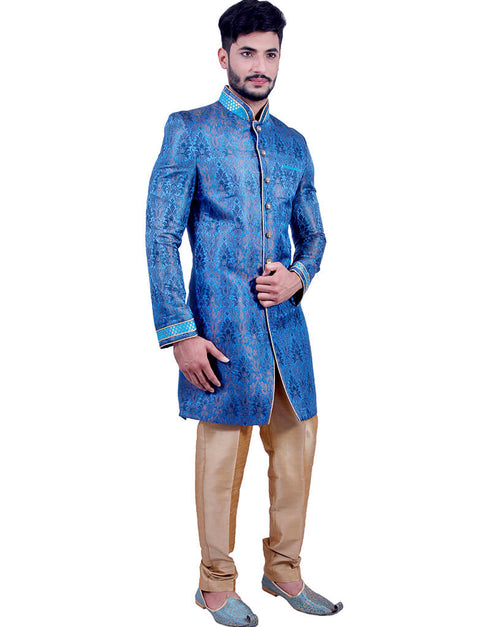 Electric Blue Indo western Zari Brocade Chudidaar Closure View