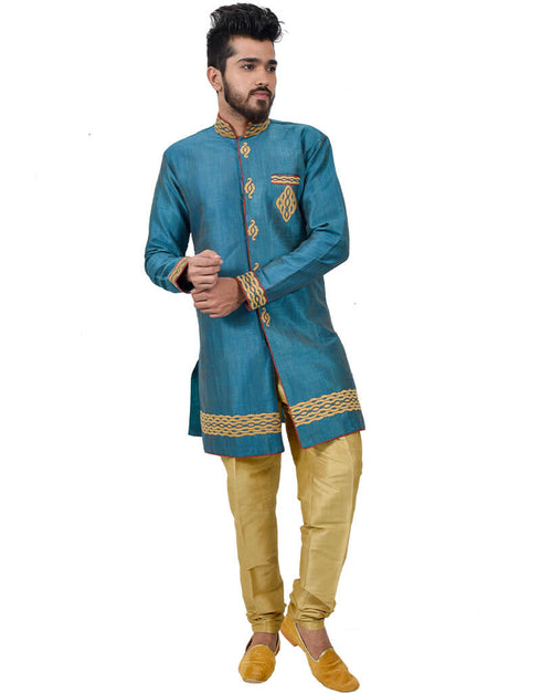 Tuquoise Blue Indo western Ghiccha Silk Chudidaar