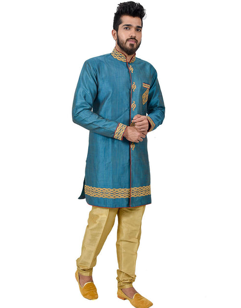 Tuquoise Blue Indo western Ghiccha Silk Chudidaar Closure View