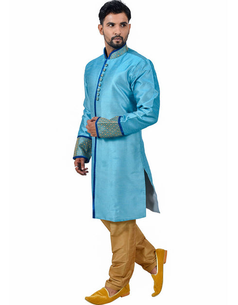 Peacock Blue Indo western Art Silk Chudidaar Closure View