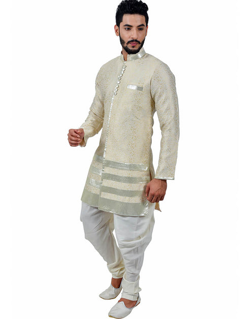 Cream Indo western Cottan Brocade Silk Dhoti Closure View