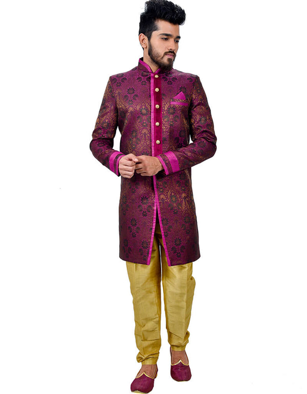 Neon Purple Indo western Zari Brocade Silk Chudidaar