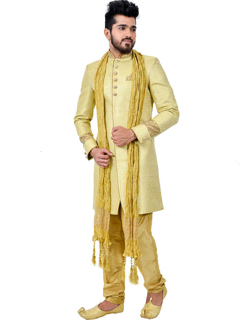 Buff Indo western Zari Brocade Silk Chudidaar Closure View