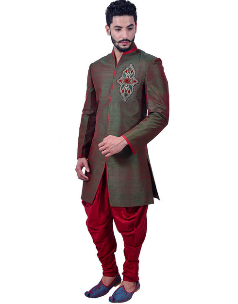 Deep Jungle Green Indo western Art Silk Dhoti Closure View