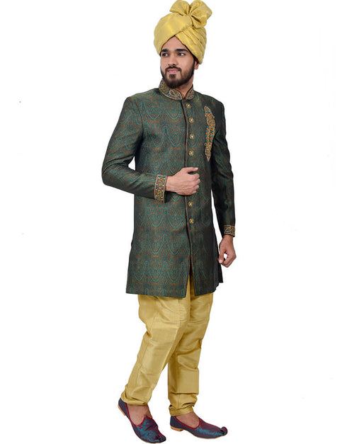 Deep Jungle Green Indo western Zari Brocade Silk Chudidaar Closure View