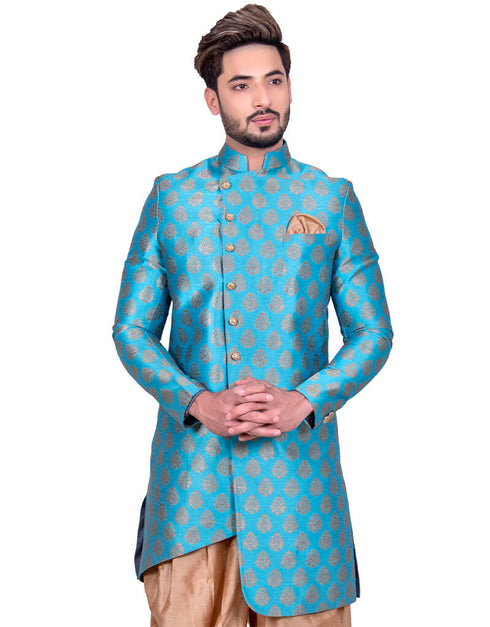 Tuquoise Blue Indo western Brocade Silk Dhoti Closure View