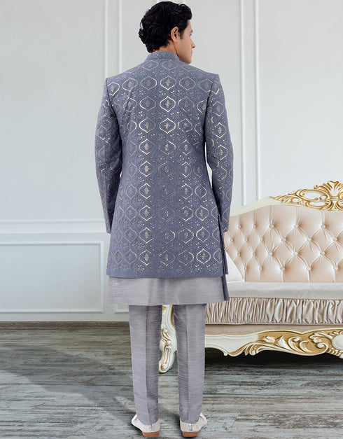 modern grey Kurta silk Jacket Closure View