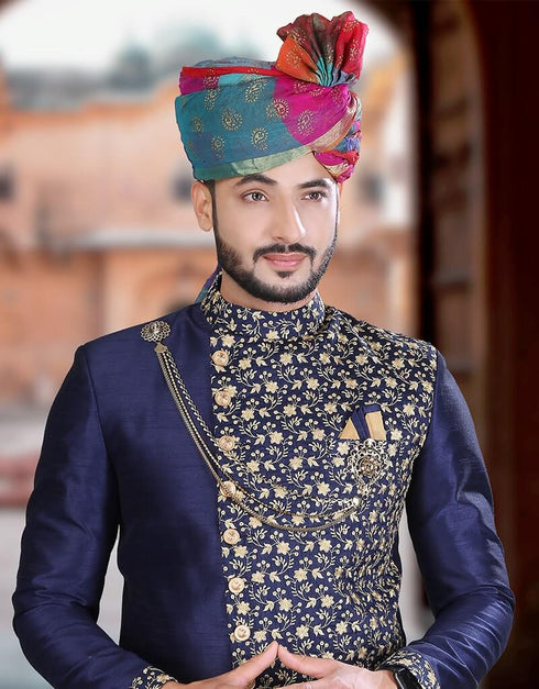 Navy Blue Jodhpuri Art work Silk Pant Closure View