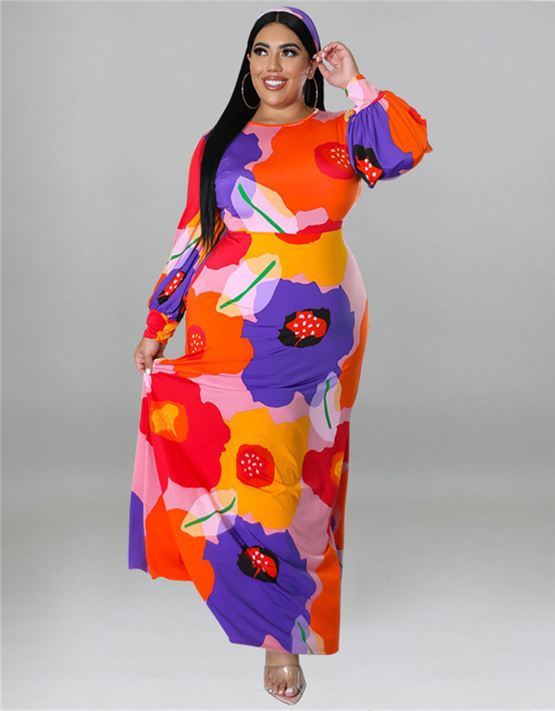 Flowery Wedding Guest Dress Orange Floral Print O Neck Long Sleeve Belted Casual Loose Vacation Plus Size Maxi Dresses(Orange/2XL)