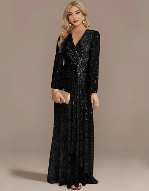 Long Sleeve V-Neck Evening Dress