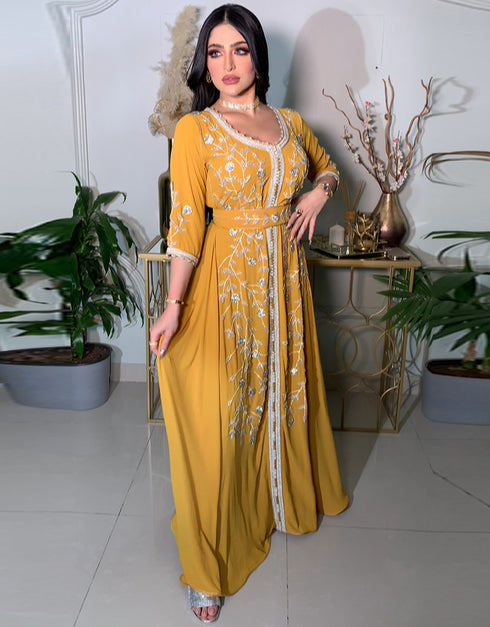 Bohemian Evening Dresses V-Neck Three Quarter A-LINE Ankle-Length Chiffon New of Embroidery Islamic Women Dress