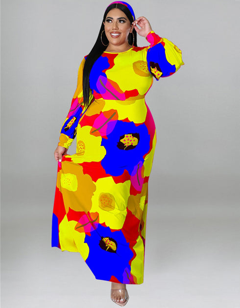 Loose Long Sleeve Flower Print Big Hem Elegant Maxi Dress for African ladies