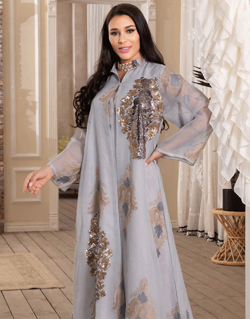 Sequins Dubai Abaya Women Jalabiya Evening Party Dress Imitation Linen Gold Embroidery
